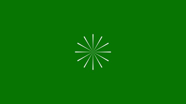 Flat vector explosion motion effect, cartoon firework style, dynamic circle burst animation, white line sparks, geometric trails, clean green screen background, 4k video