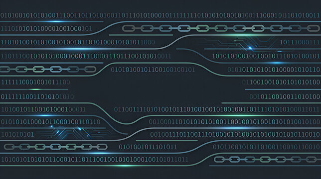 Digital chain links on binary code background