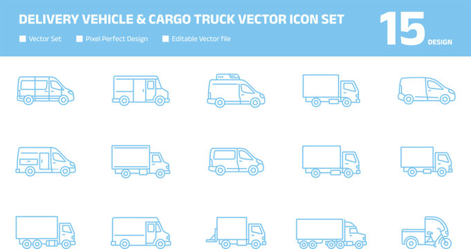 Commercial Delivery Vehicle and Cargo Truck Vector Icon Collection for Logistics Graphic Design Projects