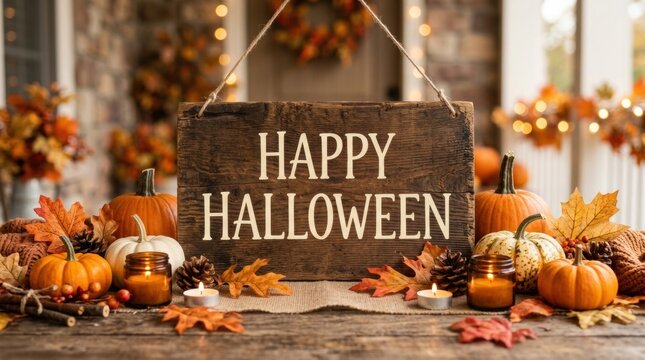 A charming rustic halloween decoration features pumpkins colorful autumn leaves and a wooden sign that says happy halloween