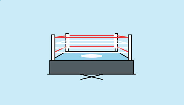 Simple illustration of an empty professional boxing ring with red and white ropes on a clean light blue background.