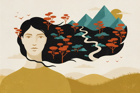 A woman with long black hair wearing a yellow shirt with a stylized landscape of mountains and trees flowing from her hair on a beige background