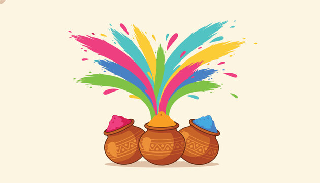 Vibrant holi festival celebration illustration with traditional clay pots and explosions of colorful powder and paint.