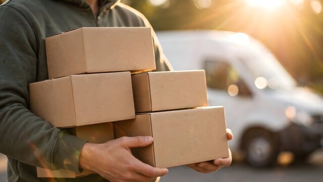Delivery driver carrying cardboard packages in front of a van