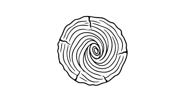 Bold black outline vector icon of a circular tree trunk cross section showing concentric twisted growth rings and edge cracks with irregular wavy outer contour for forestry detail on white background