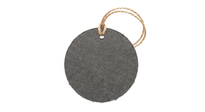 Blank circular black paper tag with a rustic twine string isolated on a white background
