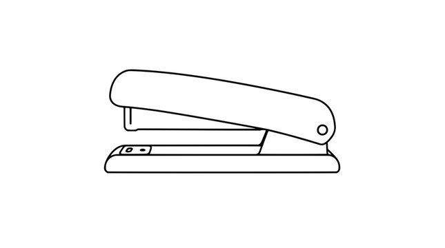 Black outline vector icon of a long desktop stapler with tapered top arm, pivot pin, narrow channel and flat rectangular base, drawn with medium lines in side profile view conveying office function