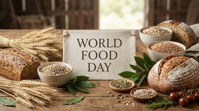 Recognizing world food day with golden wheat loaves and a dedication to ending global hunger issues