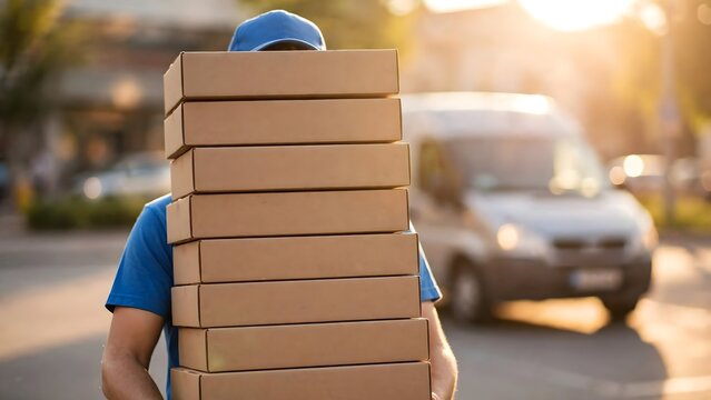 Delivery driver carrying a large stack of cardboard boxes