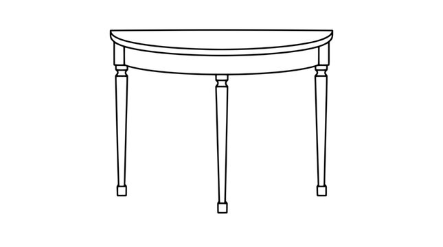 Black outline vector icon of a half-round table with D-shaped top apron and three tapered legs with block feet drawn with medium lines in frontal centered composition highlighting compact shape