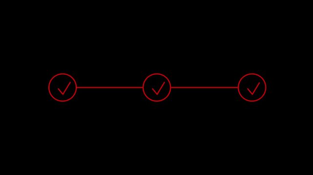 3 Step Process Animation with Checkmarks and Red Lines on Black Background