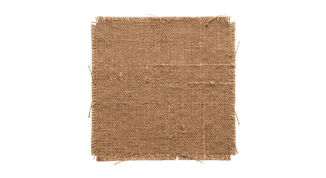 Square piece of rustic brown burlap fabric with frayed edges isolated on white background