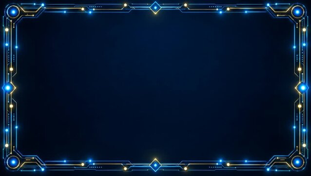 Blue geometric circuit frame with glowing details