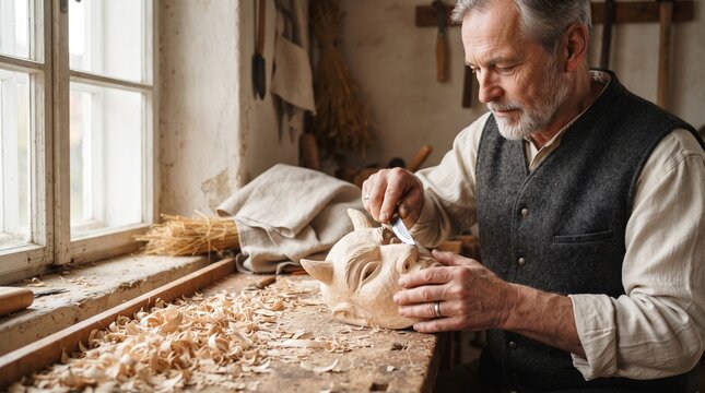 Artisan carving a Perchta mask for heritage teaching