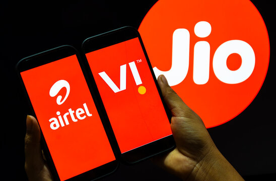 In this photo illustration, Jio, Airtel and Vodafone Idea (Vi) logos are displayed in India on 23 September 2026.