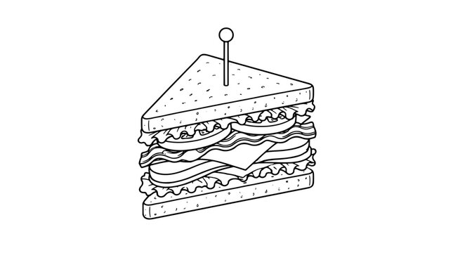 Black outline vector icon of a layered club sandwich triangle with toothpick on top, lettuce, bacon, cheese and tomato slices drawn with medium lines in centered composition revealing stacked filling