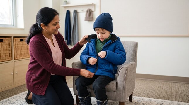 School aide guides a child through winter layering