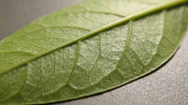 Macro close up of green leaf underside texture showing veins and porous surface details. Concept of pore, plant tissue, leaf anatomy, botanical macro. Copy space.