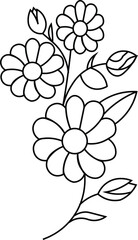 Fototapeta premium Floral arrangement of daisy like blossoms is a black and white vector illustration daisies botanical flowerbed petals stem leaves outline graphic design artwork monochrome blackandwhite