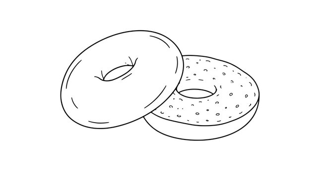 Line art illustration of two overlapping bagel halves with one smooth top and one seeded top showing round holes and curved sides drawn in thin outlines in slightly angled close view