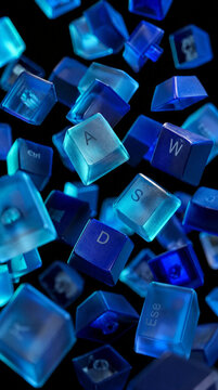 Floating transparent cyan and blue mechanical keyboard keycaps with WASD letters for gaming background