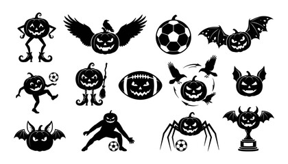 Obraz premium Halloween Sports Pumpkin Silhouette Collection Spooky Jack O Lantern Characters Vector Set.