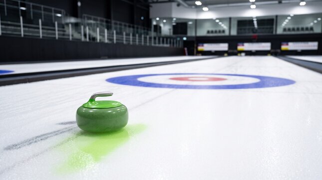 Green curling stone glides through an empty arena lane