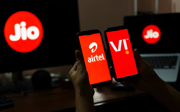 In this photo illustration, Jio, Airtel and Vodafone Idea (Vi) logos are displayed in India on 23 September 2026.