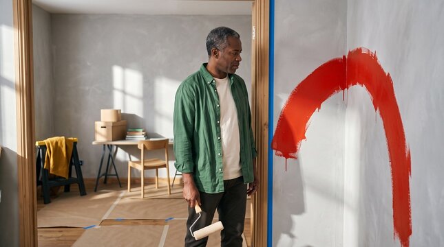 Homeowner studies an accidental red roller mark