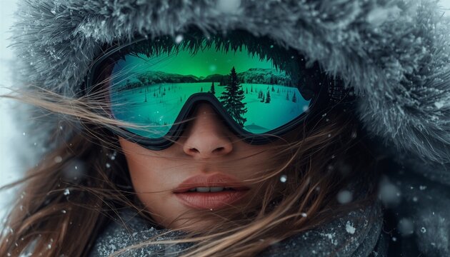 Beautiful Woman in Fur Hat and Ski Goggles with Aurora Borealis Reflection on Winter Snowing Day, Generative AI