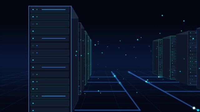 Data center server racks with glowing blue transfer lines in motion