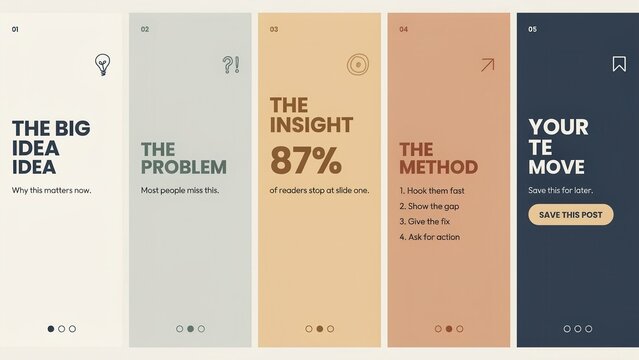 A social media carousel template with five educational slides featuring modern minimalist design. Ideal for digital marketing strategy and content creator business tutorials.