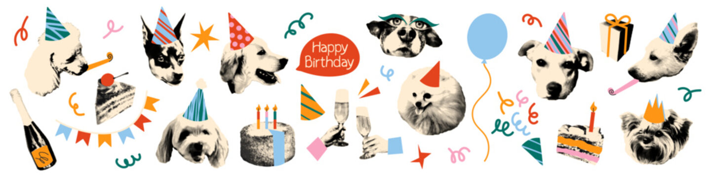Happy birthday collage cut outs set with funny dogs Playful stickers with halftone texture and colorful doodles. Dog heads wearing party hats, cake, balloon, gift box, champagne glasses Vector and png