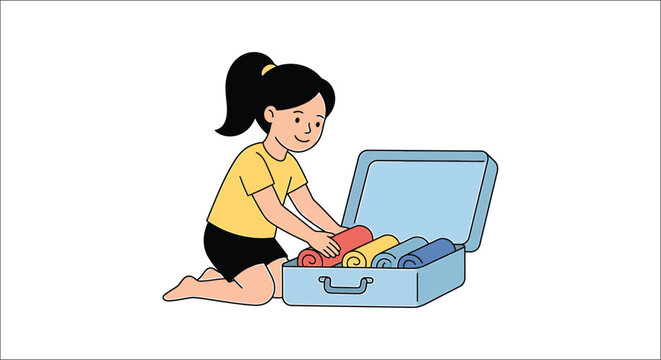 Young woman packing clothes into an open suitcase a colorful vector illustration on a white background travel luggage