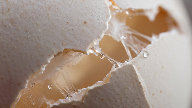 Extreme macro view of cracked eggshell showing stretched inner membrane and dew drops. Concept of egg membrane, broken egg, macro photography, close up, fragile, texture.