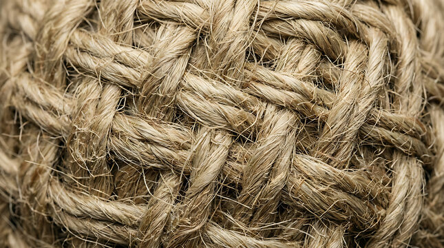 Close up of tightly woven natural jute rope texture with a warm neutral color palette
