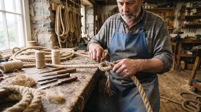 Craftsman splicing thick natural rope with traditional fid tool in rustic workshop. Concept of traditional craft, artisan, knotting.