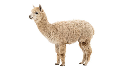 Obraz premium Full body side view of a fluffy beige alpaca standing isolated against a clean white background