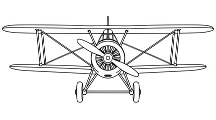 Black outline vector icon of a front-facing vintage biplane with upper and lower straight wings, two-blade propeller, round engine cowling, bracing struts and twin landing wheels drawn with thin lines © Morgan