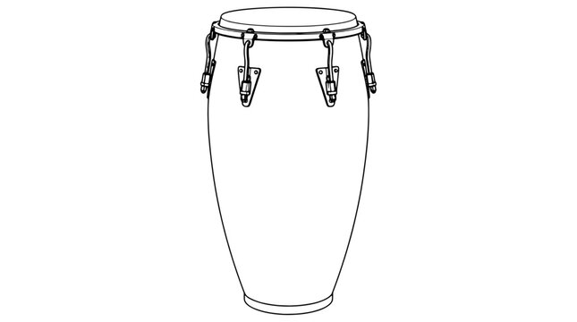Black outline vector icon of a tall conga drum with tension lugs and bracket mounts rendered in thin clean lines in vertical centered composition highlighting elongated tapered shell