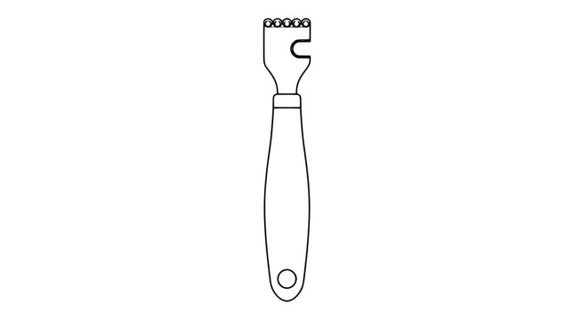 Black outline vector icon of a handheld citrus zester with serrated grating head and notched side blade plus tapered handle drawn with thin sharp lines in vertical layout revealing hanging hole detail