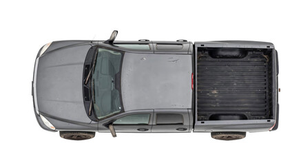 Naklejka na ściany i meble Top down view of a dark gray pickup truck isolated on a clean white background for design