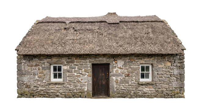 Traditional stone cottage with a thatched roof isolated on a clean white background for design