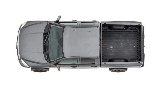 Top down view of a dark gray pickup truck isolated on a clean white background for design