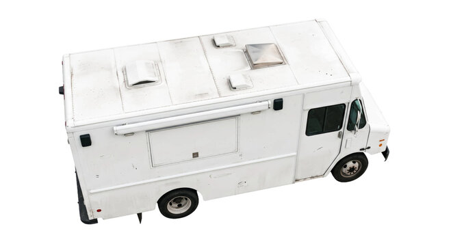 High angle view of a white food truck isolated on a clean white background for easy editing