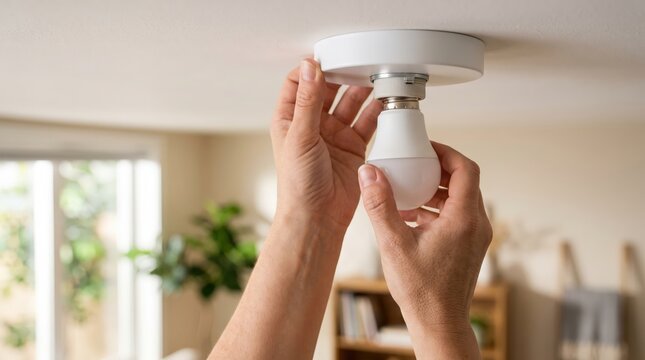 Person installing led light bulb in ceiling fixture at home Vector