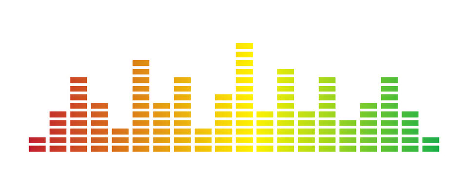 Colorful music equalizer sound wave bar chart illustration. Red yellow green gradient audio spectrum level meter for music player and sound design. Isolated flat vector illustration on white 