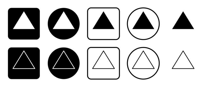 Icon set of triangle symbol. Filled, outline, black and white icons set, flat style.  Vector illustration on white background