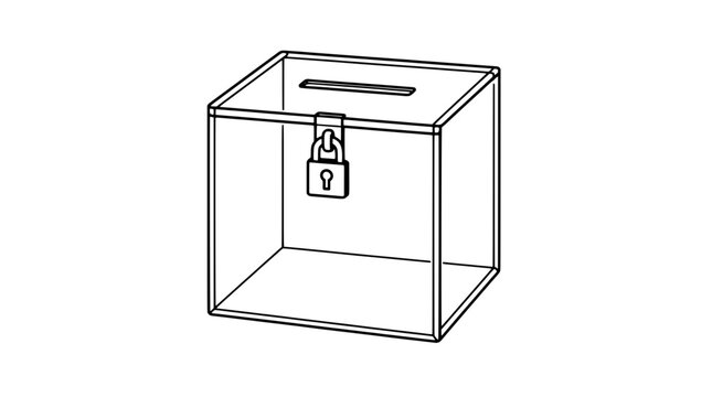 Black outline vector icon of a transparent cube donation box with top insertion slot and front padlock hasp drawn with thin geometric lines showing bottom edges in three-quarter centered view