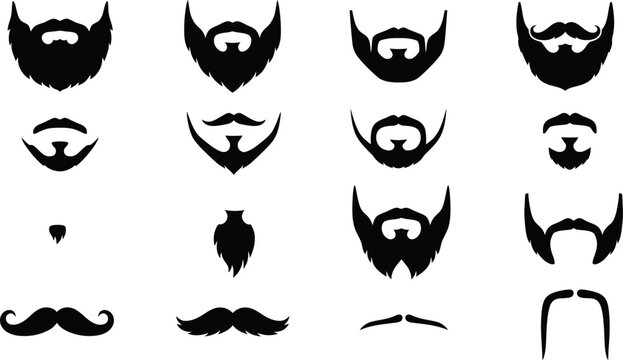 Collection of various beard and mustache styles in black silhouette vector illustration